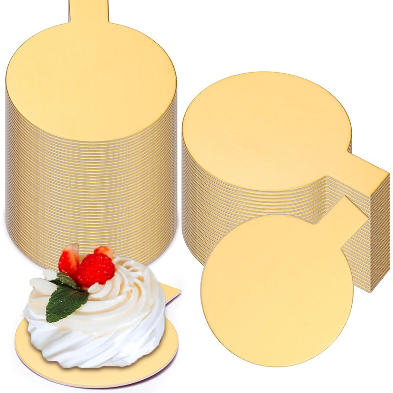 200 PCS 2 inch Gold Round Cake Boards Mini Pastry Base with Tab for Dessert