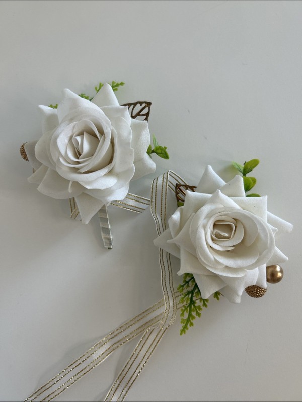 2 Pcs Rose Wrist Corsage and Boutonnieres Set, Wedding Flower Wristlet White NEW
