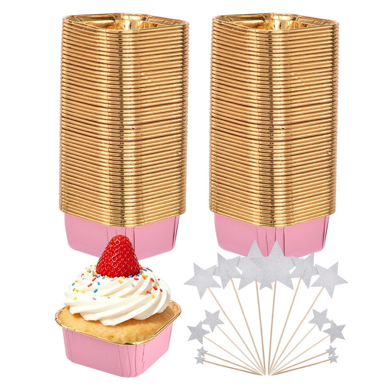 100 Pcs Double-sided Aluminum Foil Cupcake Liners Stars Decorations, Pink Gold