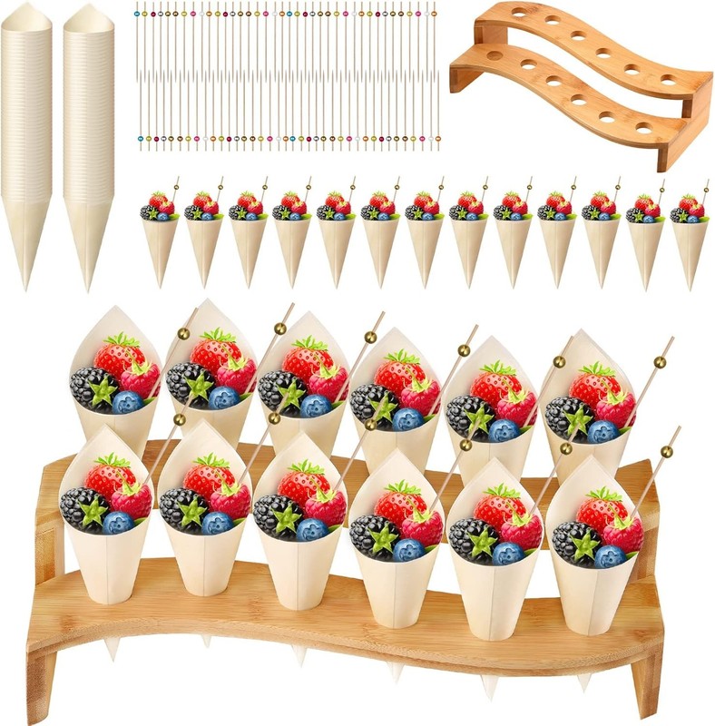 150 Pcs Disposable Food Cones W/ 12 Holes Wood Ice Cream Cone Display Stand