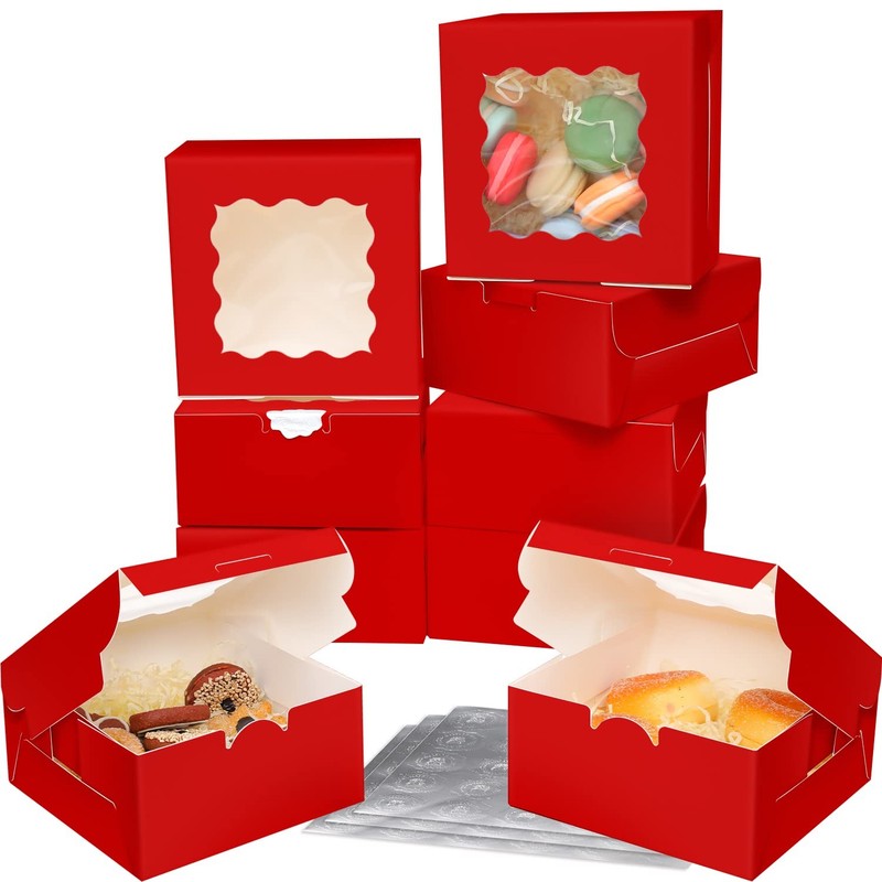 60pcs Red Bakery Boxes with Window 6x6x3 inches Thick & Cookie Boxes & Sturdy... gallery