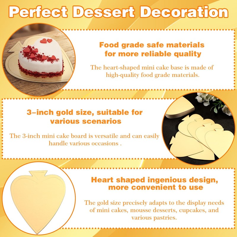 100 PCS 3 Inch Heart Shaped Mini Golden Cake Boards Cupcake Dessert Plates gallery