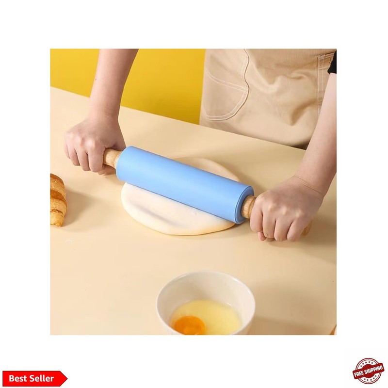 Silicone Rolling Pin with Wooden Handle – Non Stick Surface Dough Roller-roll…