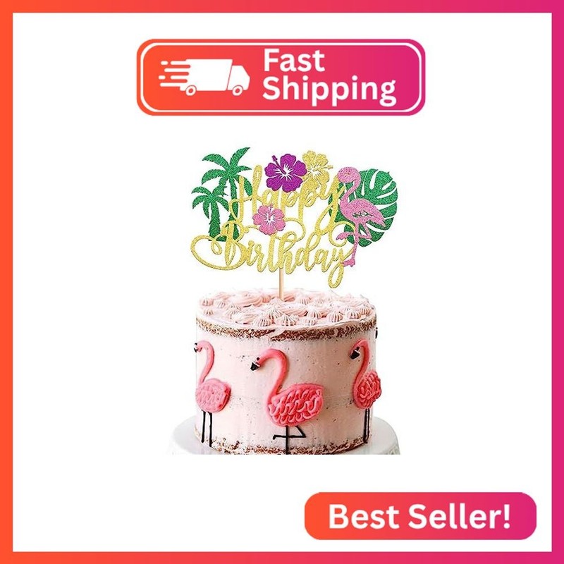 Rsstarxi 1 Pack Flamingo Happy Birthday Cake Topper Glitter Cake Decoration Palm