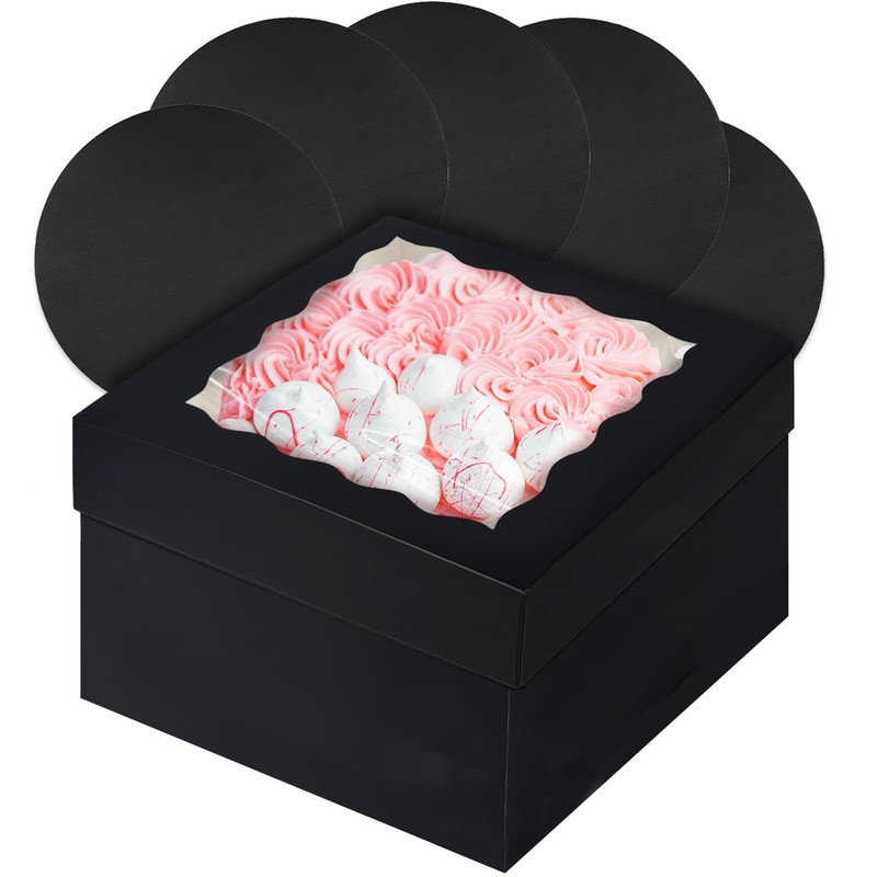Black 12x12x8 Cake Box 4 Sets Black Cake Box with Window ＆ 4 Sets 12″ Black C…