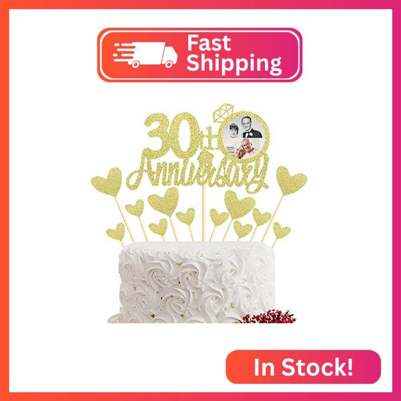 Sumerk 13 PCS Gold Glitter 30th Anniversary Cake Topper Happy 30th Anniversary W