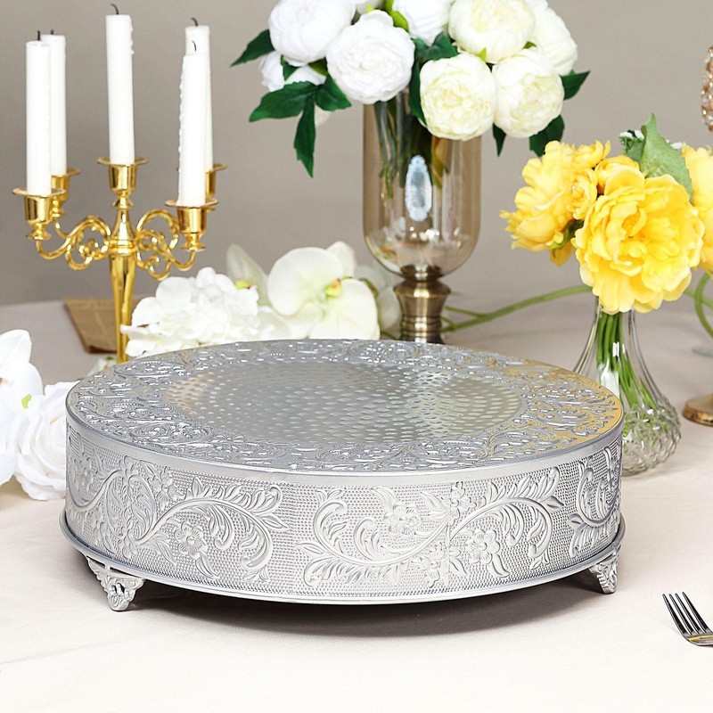 18″ Silver Embossed Metal Cake Stand Round Wedding Dessert Display Pedestal