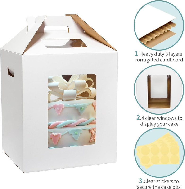 Wowxyz 3 Pack Tall Cake Boxes 14x14x16 Inches with Cake Board - Large Disposable gallery