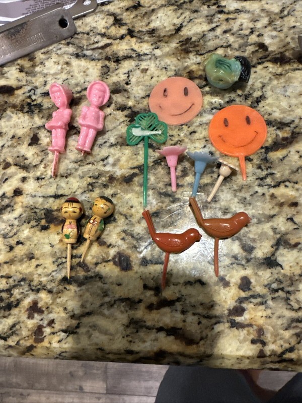 13 Vintage Cake Toppers Smiley, Asian, Birds, Pink People 1950s/ 1960s RARE