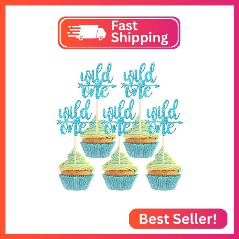 24 PCS Wild One Cupake Toppers Glitter Baby’s First Birthday Cupcake Picks Wild