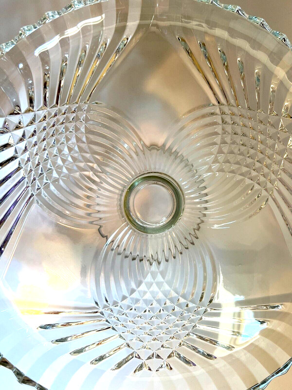 Vintage Clear Cut Glass Cake Stand on Pedestal Unique 3-Leaf Trefoil Pattern gallery