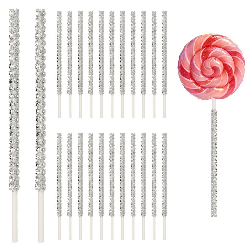 24 Pcs Bling Cake Lollipop Sticks, Glitter Rhinestone Lollipop Sticks, Silver