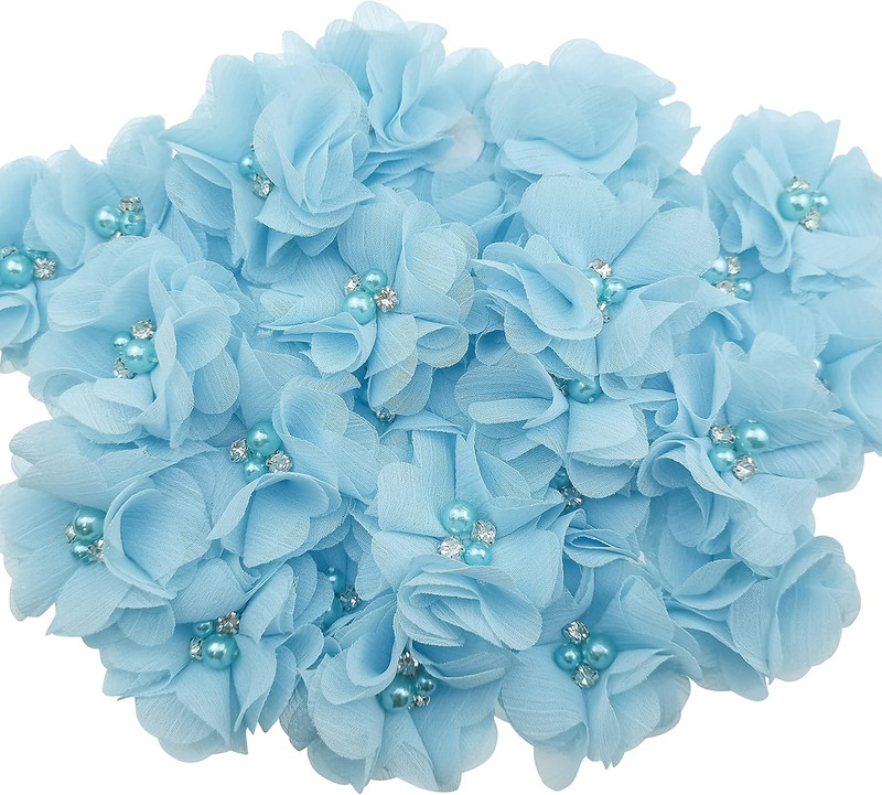 30 PCS Rhinestone Pearl Blue Chiffon Flower Sewing Fabric Appliques for Cloth... gallery