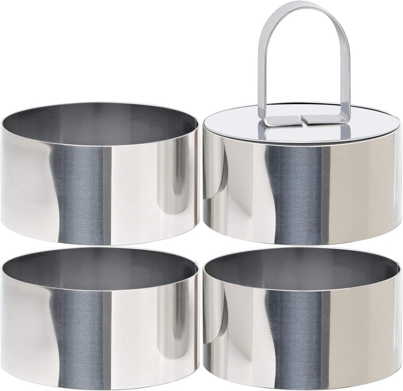 Round Cake Ring Mold, Stainless Steel 3” Cooking Crumpet Rings with 1 Pusher