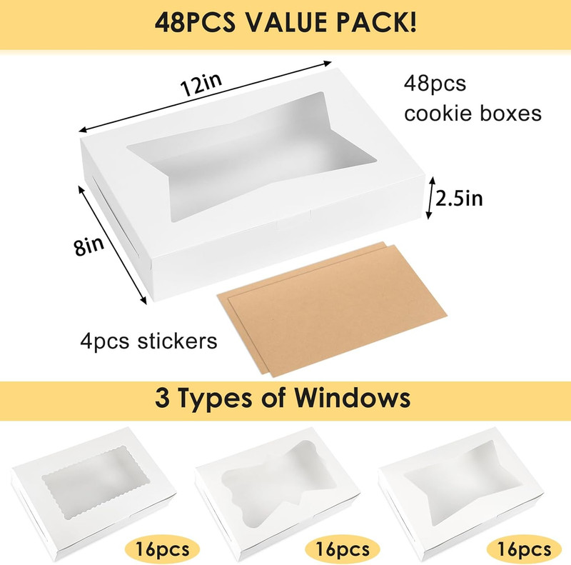48Pcs Bakery Boxes,12X8X2.5 Inches Cookie Boxes with 3 Style Window for Chocolat gallery
