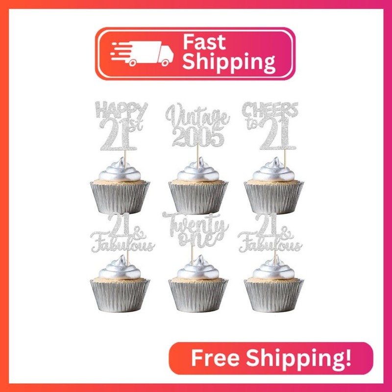 30PCS Happy 21st Birthday Cupcake Toppers Glitter Twenty One Vintage 2005 Cupcak