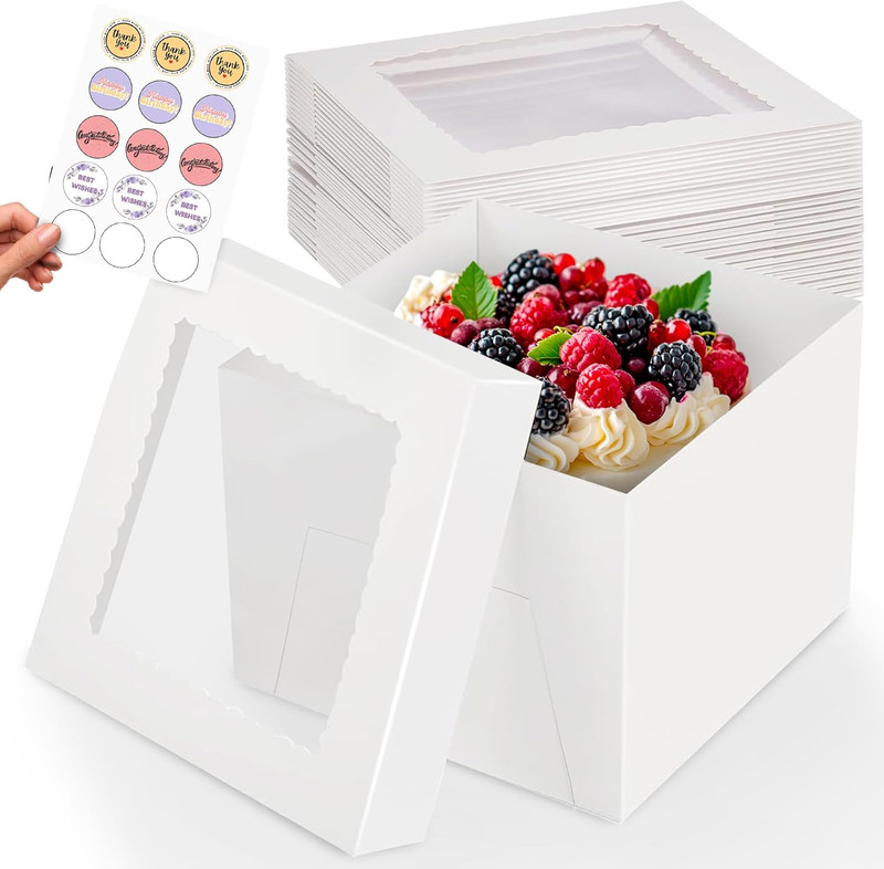 15Pcs Cake Boxes, 10X10X8 Inches Tall Cake Box with Window, Large White Bakery B