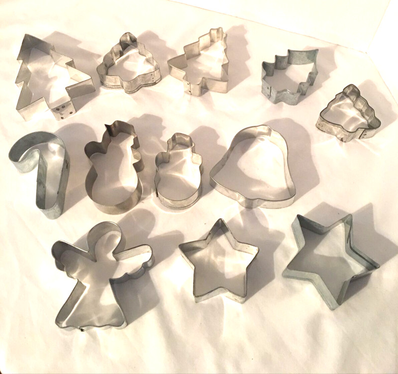 12 Vtg Metal Christmas Cookie Cutters Trees Bell Stars Candy Cane Snowman Angel