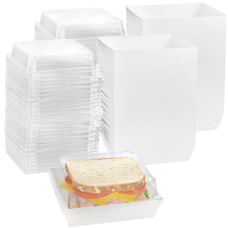 100 Pack 5 Square White Sandwich Boxes, Clear Lids, Paper, Charcuterie, Dessert