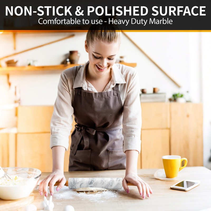16.7 Inches Marble Rolling Pin for Baking with Wooden Handles & Wooden Cradle... gallery