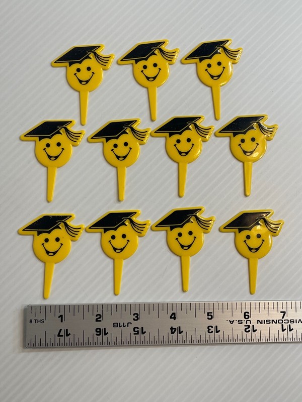 Vintage 1990s Lot of 11 - Smily Face Graduation Cap - Cupcake / Cake Toppers gallery