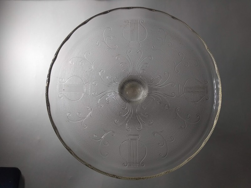 Vintage CAKE PEDESTAL PLATE Jeanette Glass HARP Scalloped Gold Rim gallery