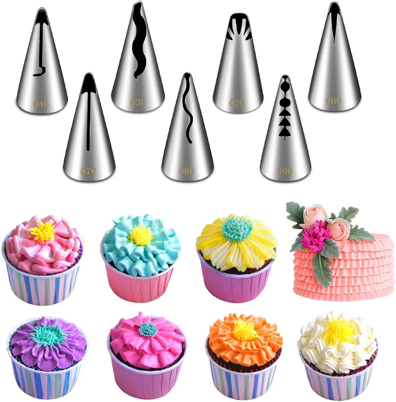 7 Pieces Pleated Skirt Piping Nozzles Set, Stainless Steel Russian Nozzles Tips