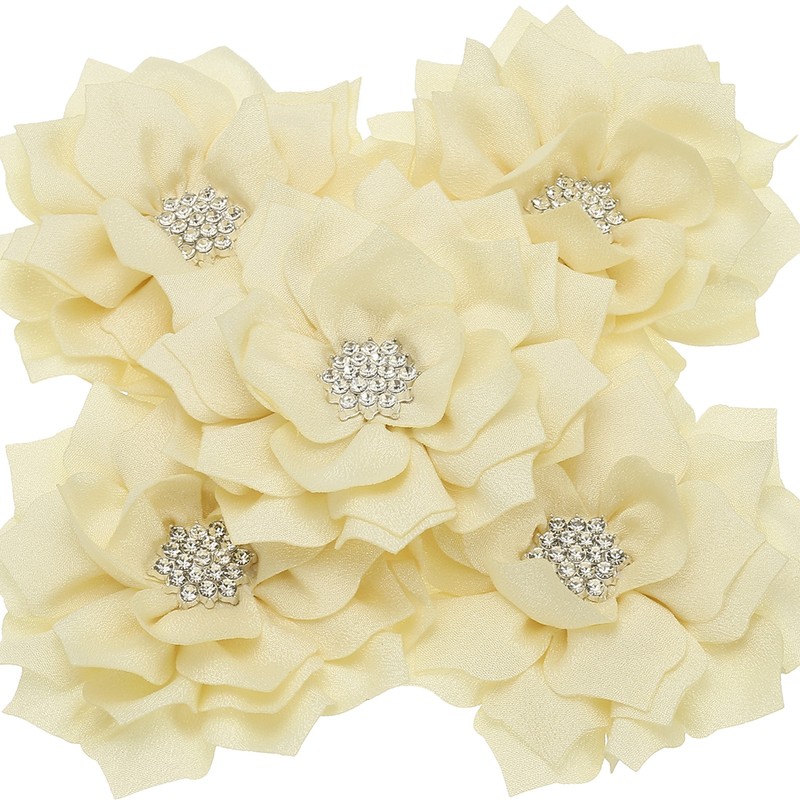 3.5″ Rhinestone Pearl Chiffon Flower, 5 Pcs Sewing Fabric Appliques, Beige