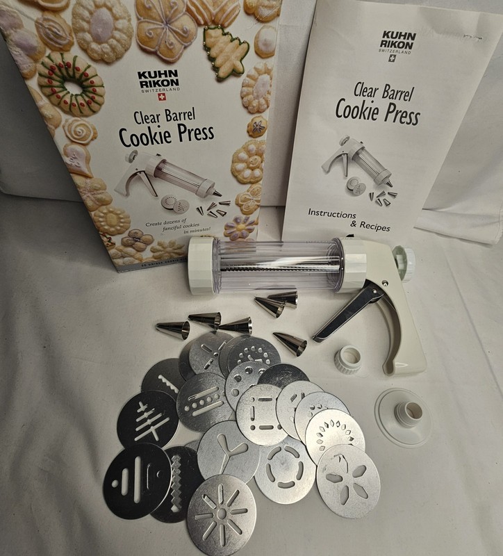 Kuhn Rikon Clear Cookie Press 20 Shape Discs 6 Decorating Tips 2460