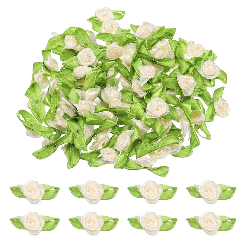 100 Pcs Mini Ribbon Roses Flowers Bows for Crafts, 15mm/0.6″ Dia, Beige