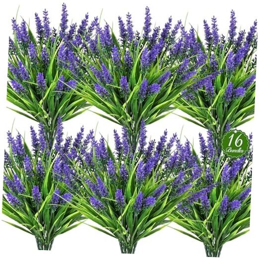 16 Bundles Artificial Plants Outdoor, UV Resistant Fake Lavender & 16PCS Purple