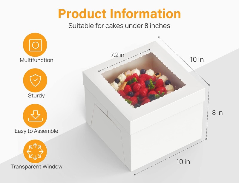 Kootek 15pcs Cake Boxes, 10x10x8 Inches Tall Cake Box with Window, White Bakery gallery