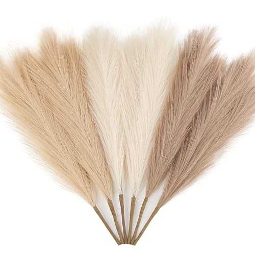 6-Pcs 17″ Pampas Grass Faux Pompas Fluffy 17in 6pcs Beige & Brown & Taupe