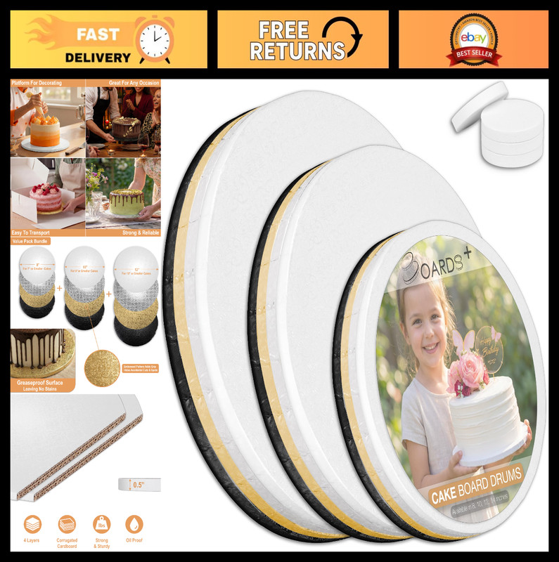 12 Pack Cake Drums 8, 10, 12 Inch – White, Silver, Gold, Black | Greaseproof & S