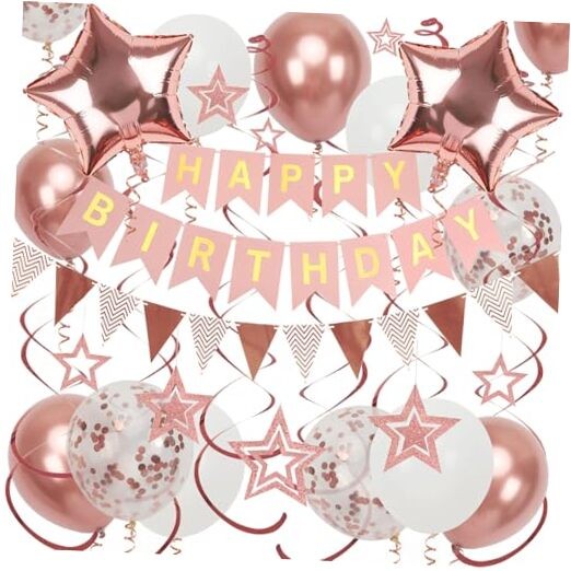 Birthday Decorations, Happy Birthday Banner and Star Balloons, Rose Gold