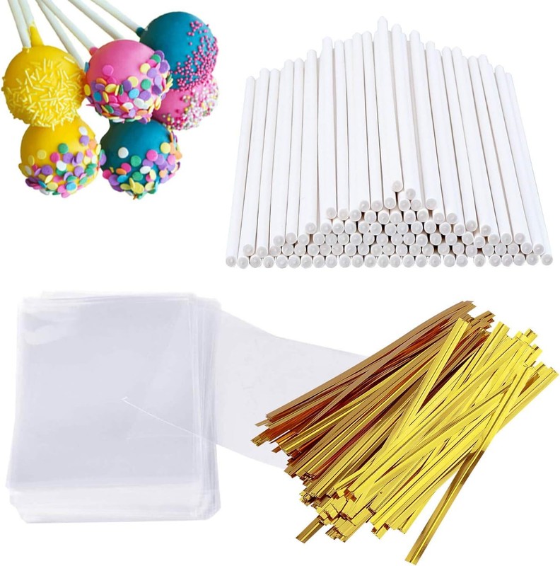 100ct 6-inch Paper Lollipop Sticks, 100ct Clear Candy Treat Bags Parcel,