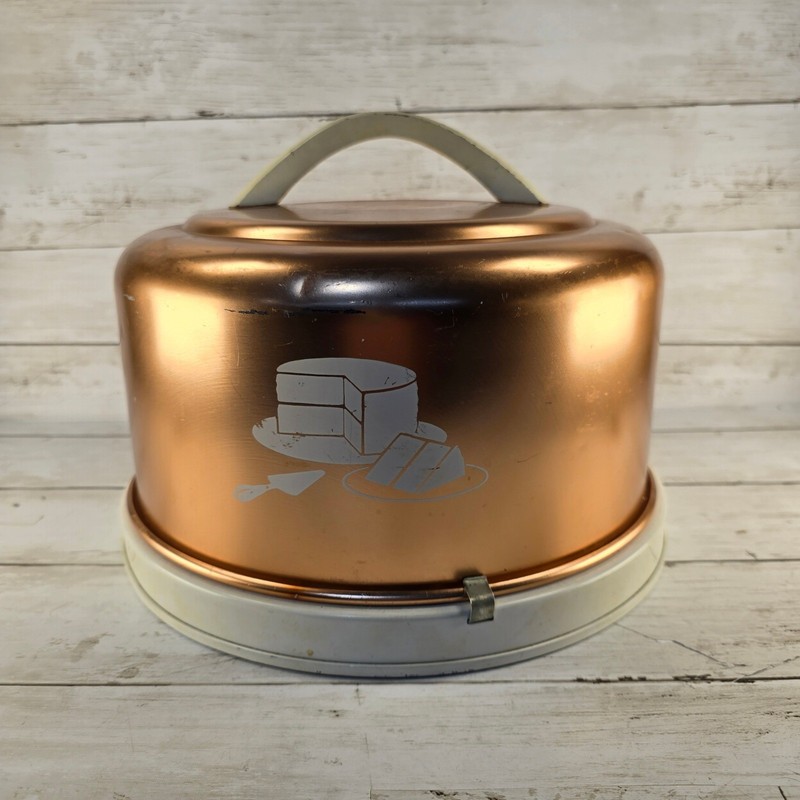 Vintage Copper Aluminum Cake Carrier Locking Lid Serving Tray Mid Century Retro