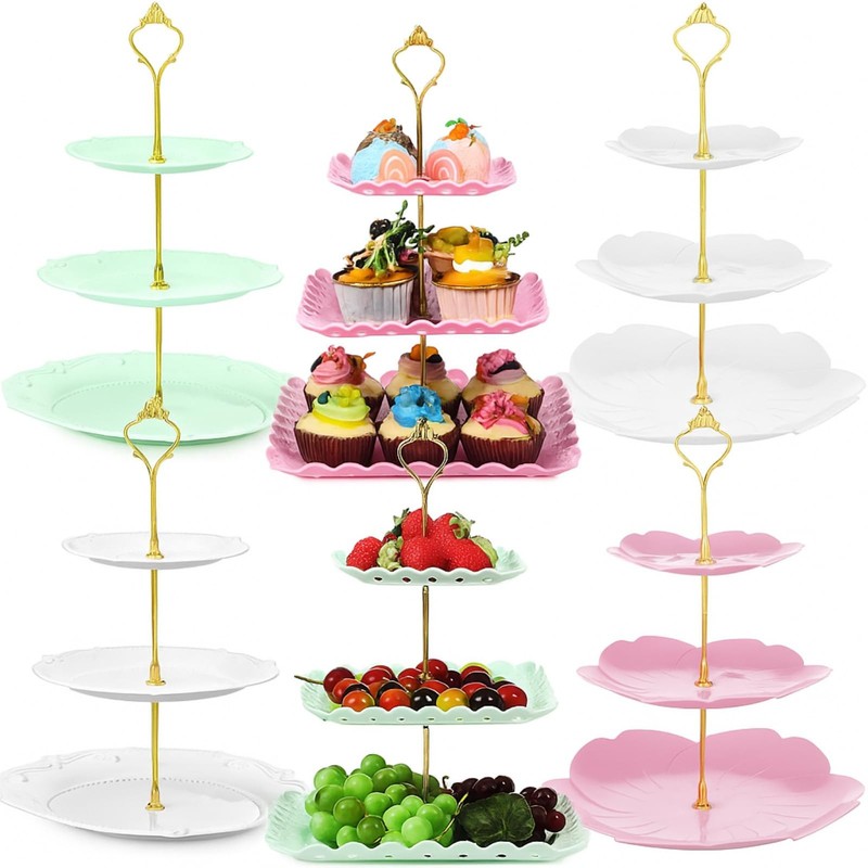 6 Sets Tea Party Decorations of 3 Tier Plastic Cupcake Stand Dessert Plates C…