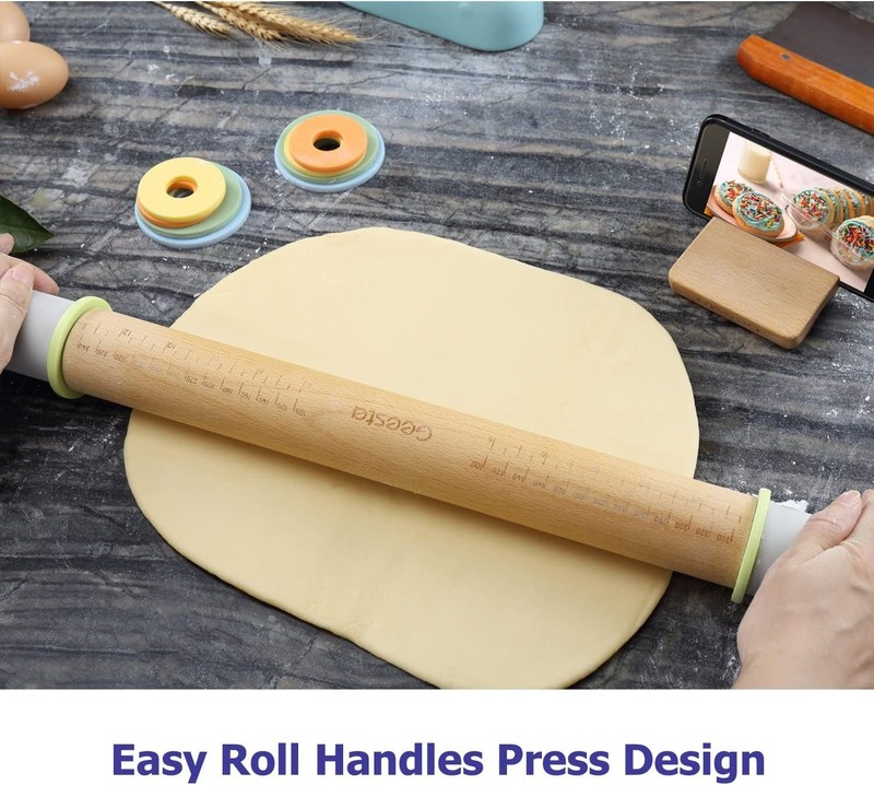 Adjustable Wood Rolling Pin with 5 Thickness Rings, Precise Dough Roller Hand... gallery
