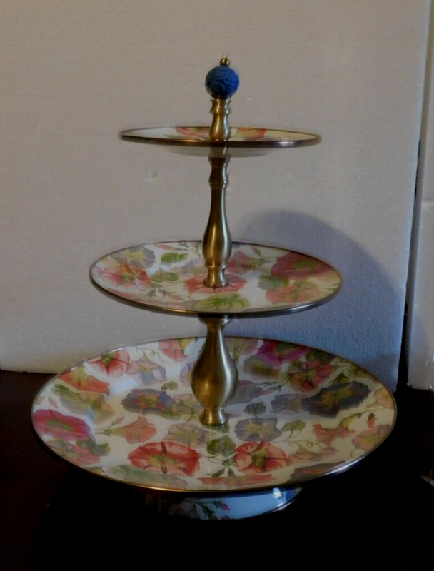 MACKENZIE-CHILD’S MORNING GLORY ENAMEL 3 TIER SWEET STAND,RETIRED NEW