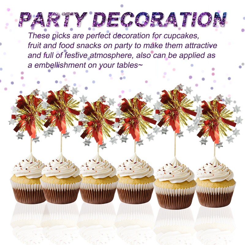 50 Pcs Firework Cupcake Toppers Sparkle Tinsel Snow Picks Red Gold gallery