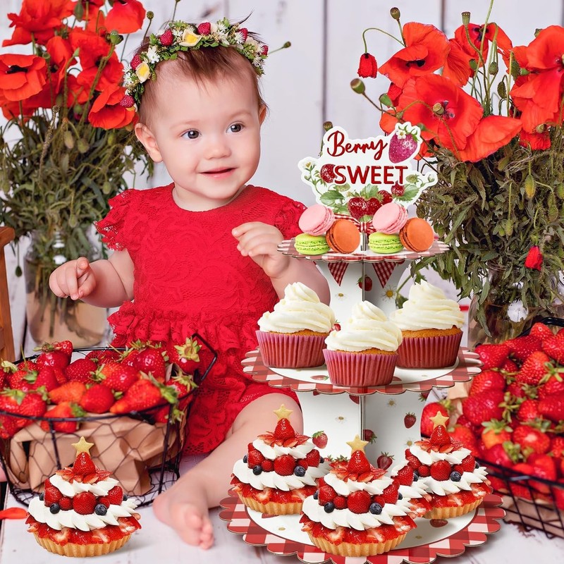 Strawberry Cupcake Stand - 3 Tier Berry Sweet Red Plaid Cupcake Tower Cardboa... gallery