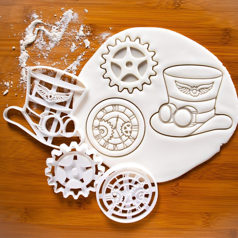 Set: Steampunk Gear, Clock, and Hat Cookie Cutters – cogwheel cyberpunk vintage