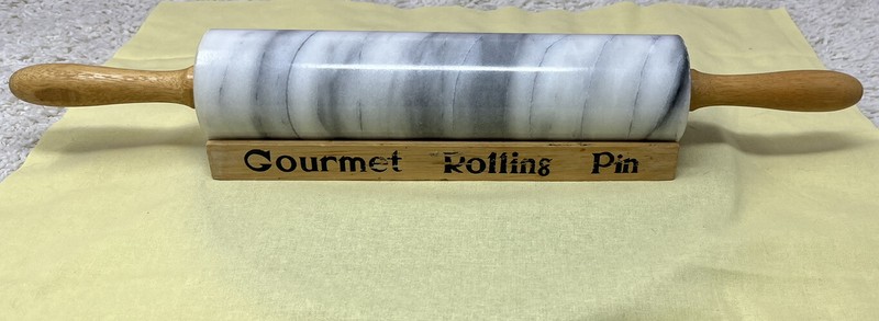 Gourmet Marble Rolling Pin w Wood Stand and Wood Handles for Baking Grey & White