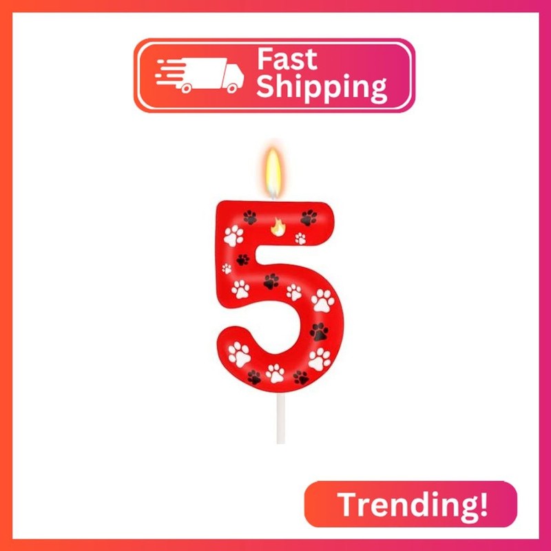 ElekFX Red Dog Paw Birthday Candles, Number 5 Dog Birthday Party Supplies, 2.76