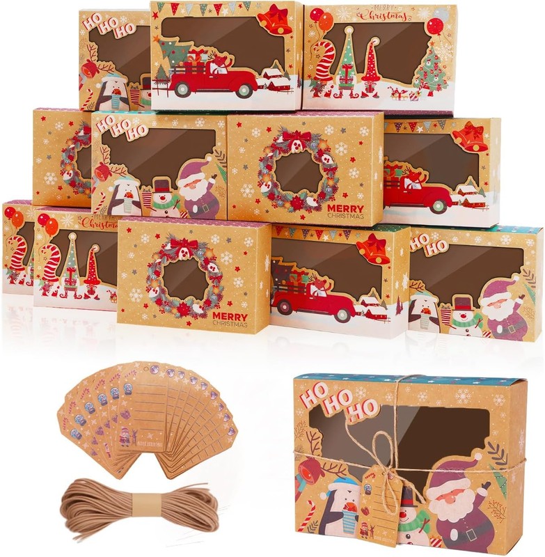 12 PCS Christmas Cookie Boxes for Gift Giving, Christmas Bakery Treat Boxes with