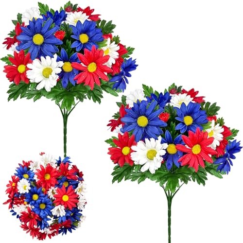 44 Heads Artificial Red White and Blue Flowers, 2 Bouquets UV Resistant