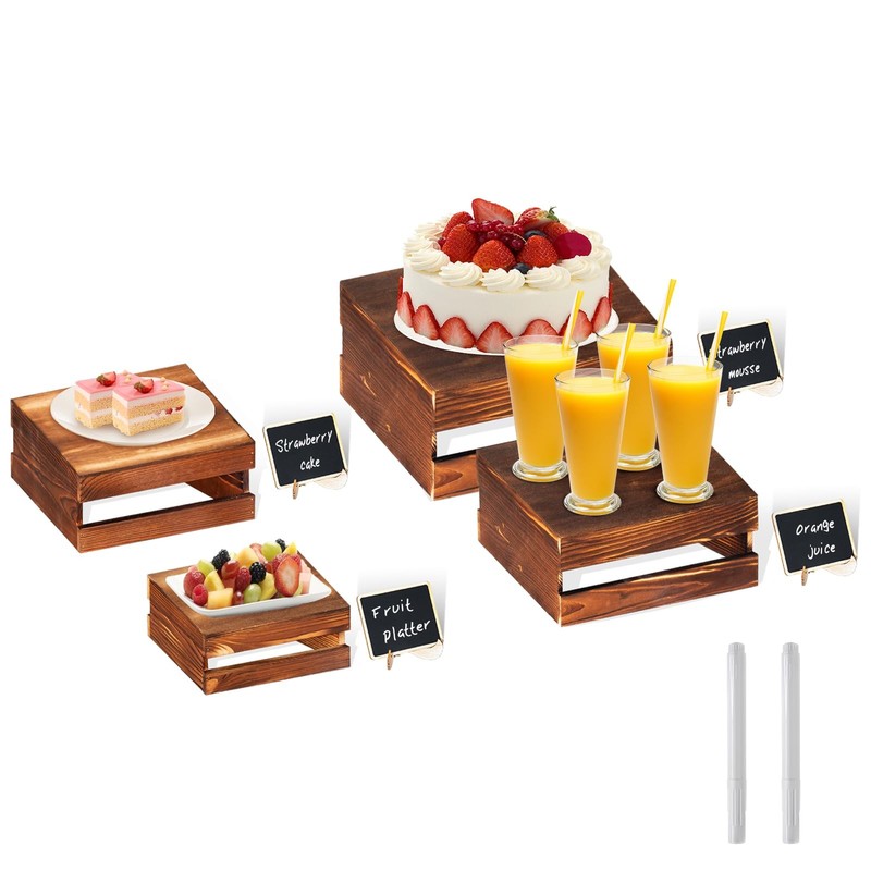 4 Pcs Buffet Risers with Mini Signs, Rustic Wood Cake Stands, Food Risers for…