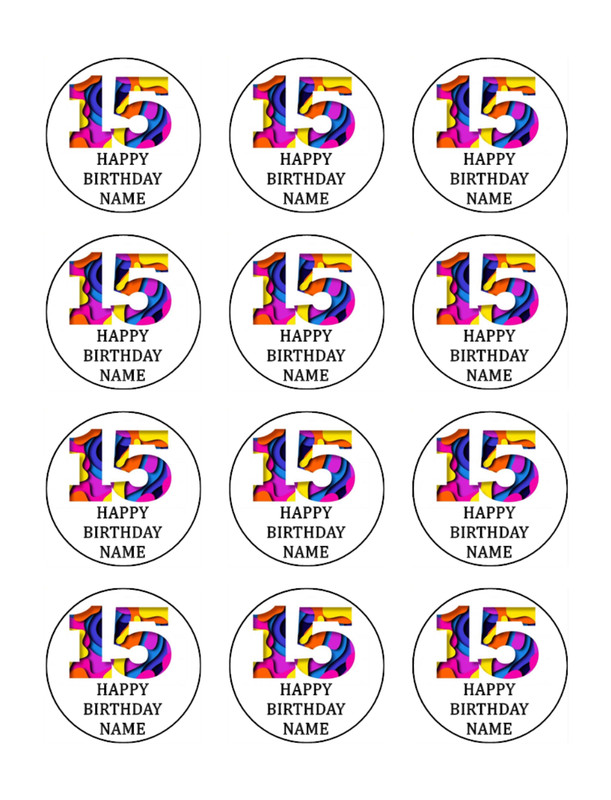 15th Birthday Edible Wafer Cake & Cupcake Toppers – Custom Name – Yay! I’m 15 !