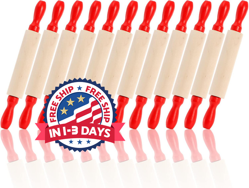 Juego de 12 rodillos de masa de madera de 8 pulgadas para hornear con mango rojo